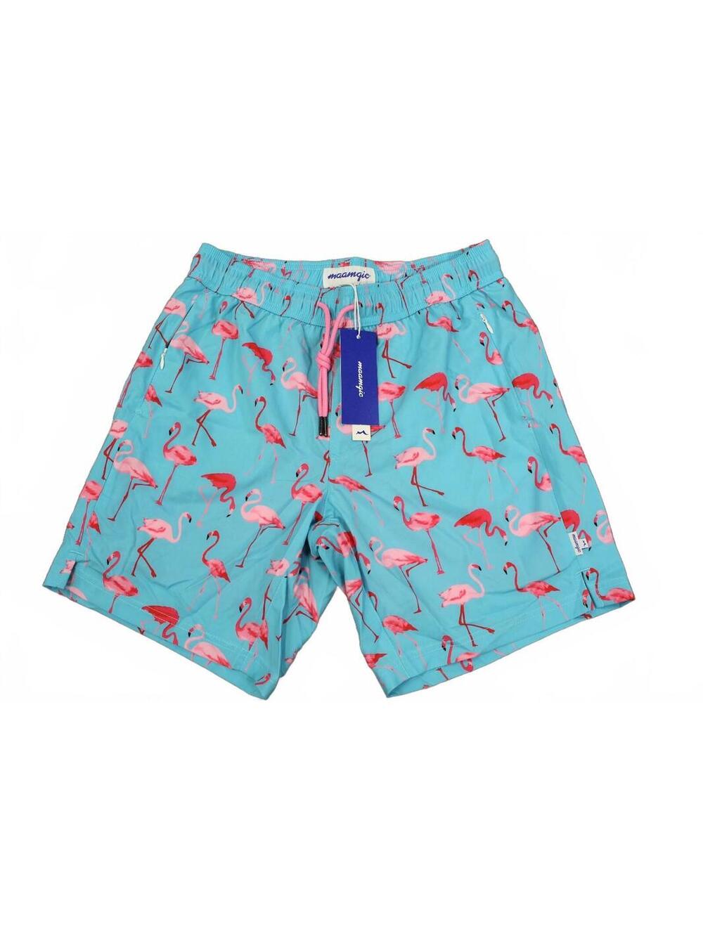 Men's Small Blue Flamingo Print Swim Trunks with Pockets